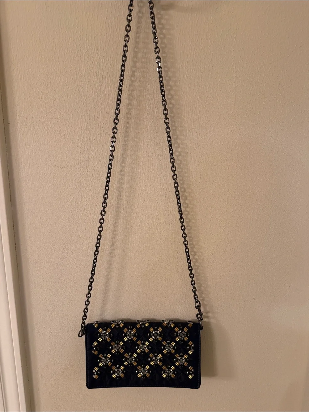 Tory Burch Navy Quilted Clutch with Gold & Silver Bead Flowers